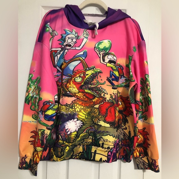 Rick and Morty vibrant graphic hooded sweatshirt unisex size medium pink‎ NWOT - Picture 1 of 7
